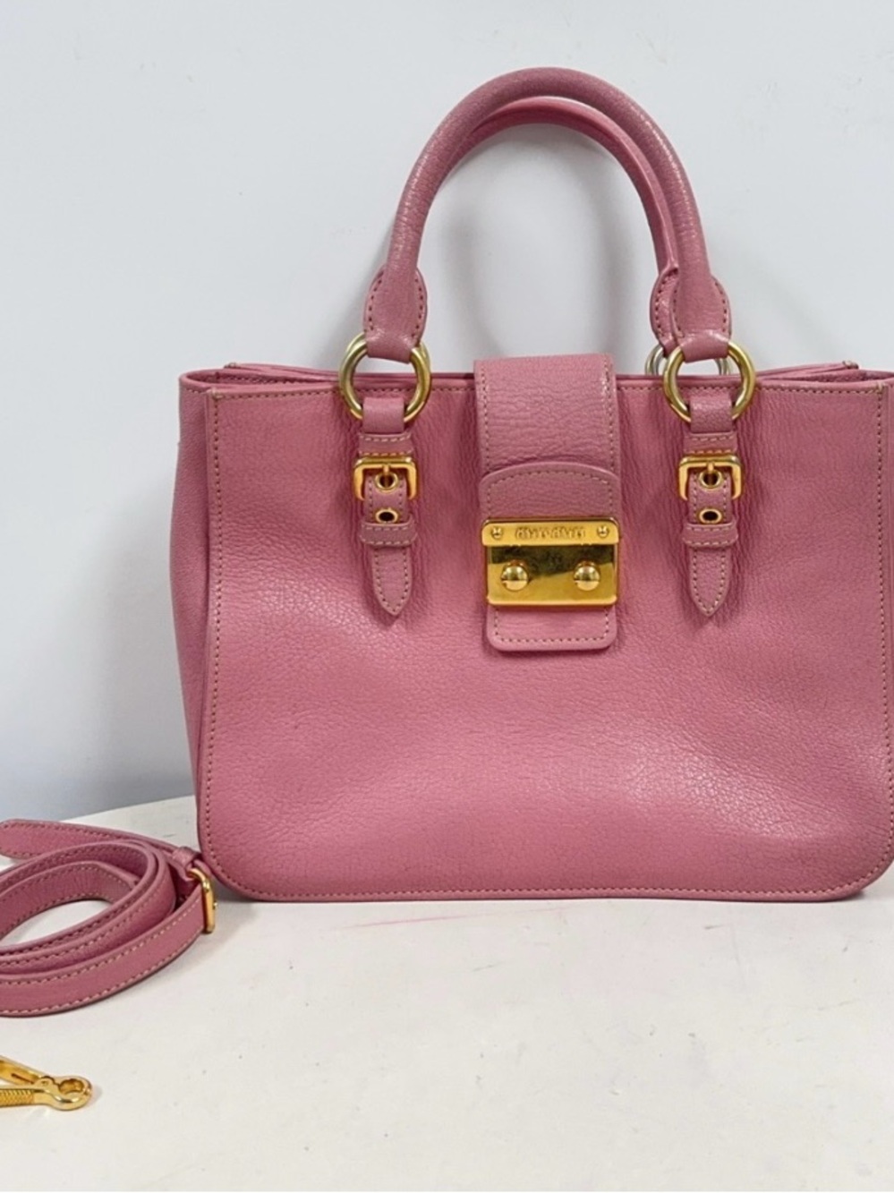 Miu Miu Pink Pebble Leather Satchel with Gold Hardware